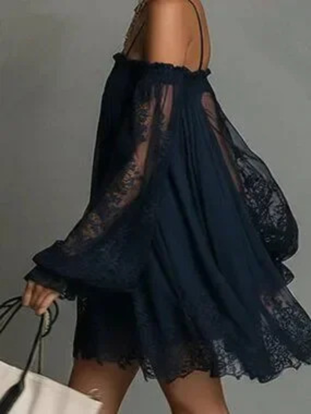 Blue Elegant Women's Off-Shoulder Puff Sleeve Ruffle Hem Swing Mini Dress